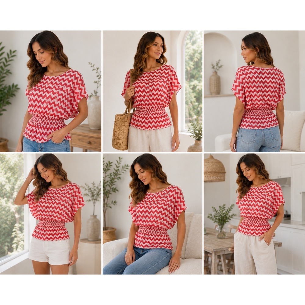 Chevron Print Top Womens XL Red Pink Batwing Dolman Smocked Waist Stretch Blouse